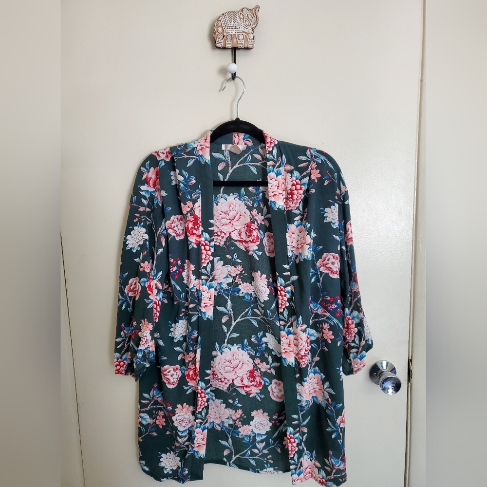 Forever 21 Jewel Green Floral Shawl Cover Up - Kimono Inspired